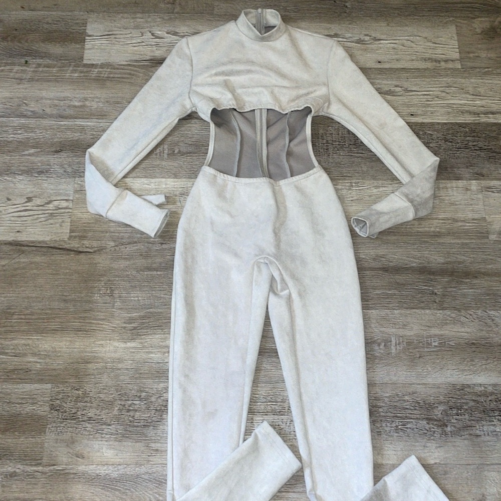 So real light grey suede jumpsuit cut out long sleeves size medium NWT